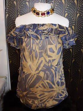 Lauren Ralph Lauren Navy and Tan Off-the-Shoulder Ruffle Blouse